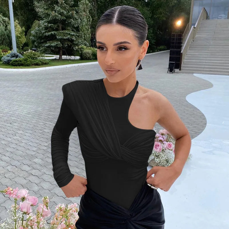 Sexy Pleated One Shoulder Long Sleeve High Waist Slim Backless Twist Bodysuit