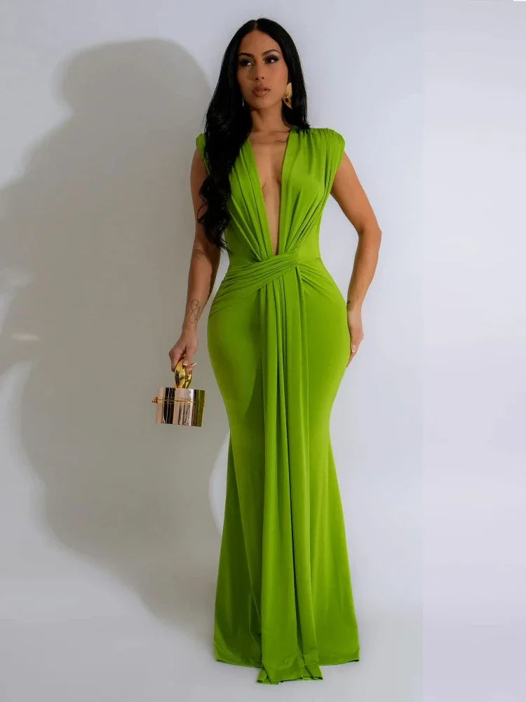 Designer Deep V-Neck Ruched Evening Dress