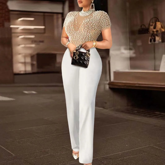 Elegant Women O Neck Short Sleeve Beaded High Waisted Luxury Jumpsuit