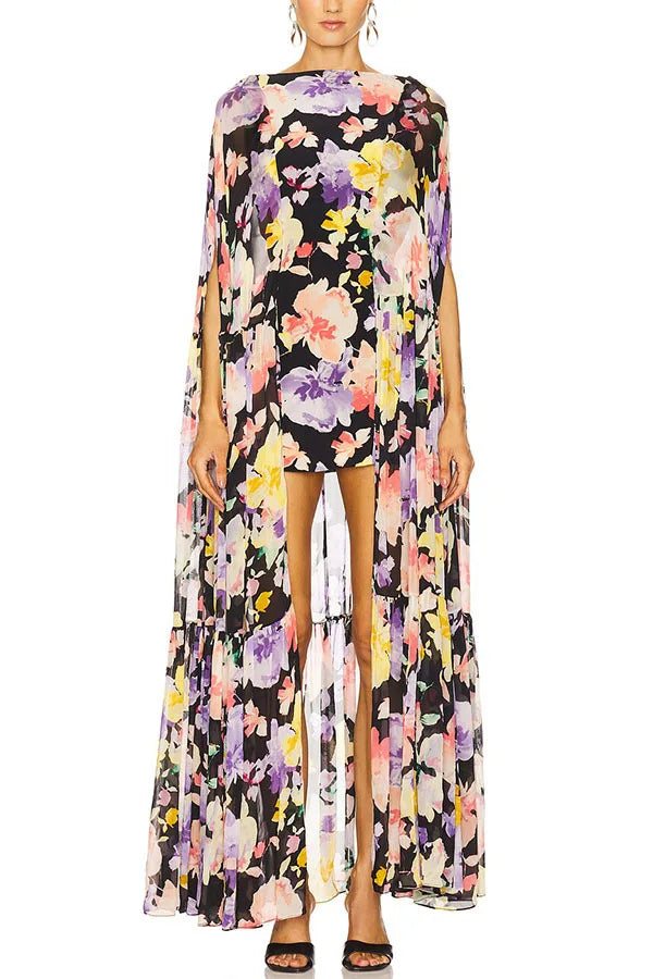 Flower Print Chiffon Big Hem Slim Mini Designer Dress