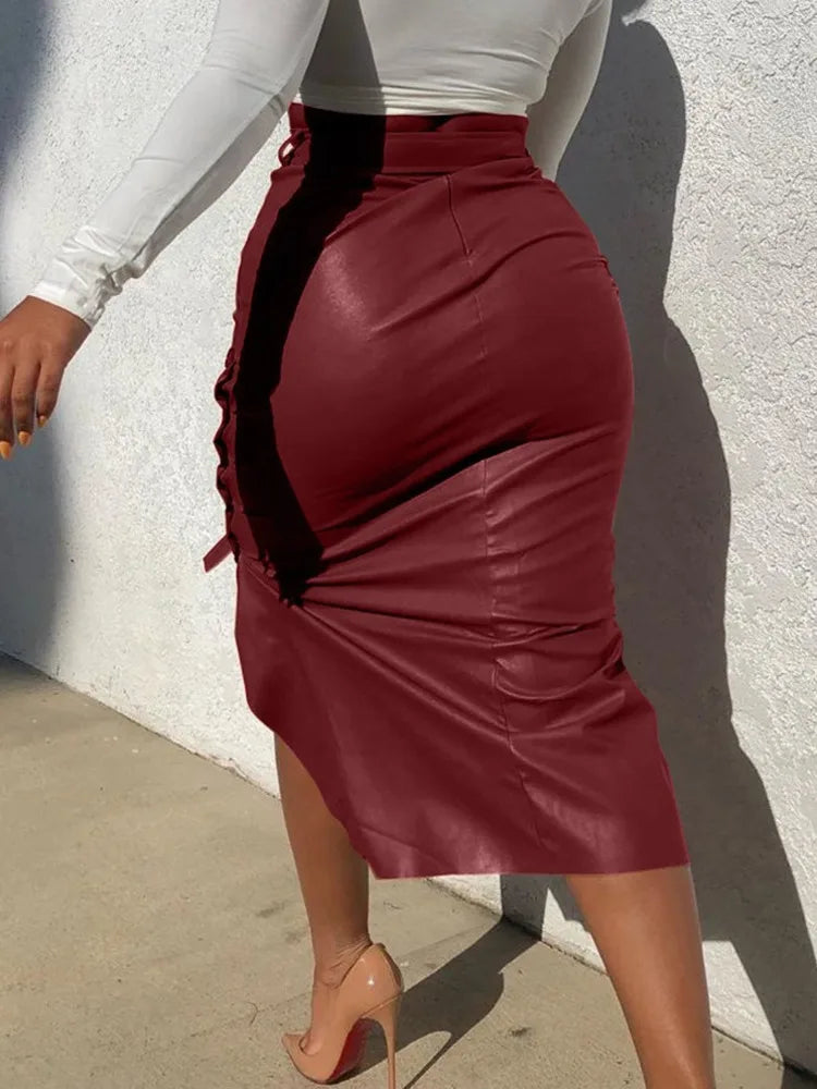 Women's Bodycon A-line High Waist Lace Up Faux Leather Skirt