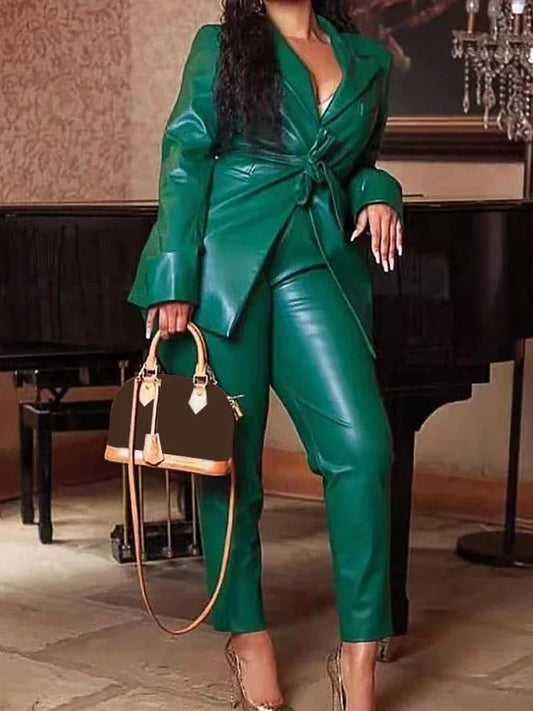 Women's Casual Green Turndown Collar Long Sleeve Faux Leather Matching Jacket and Pant Set with Belt & Pockets