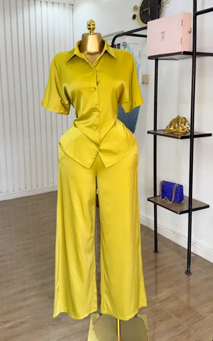 Women Two Piece Turn Down Collar Short Sleeve Shirt & Wide High Waist Leg Long Pants