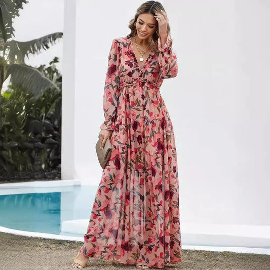 Elegant Floral Print Ruffle Layered Long Sleeved Chiffon A Line Long Maxi Dress