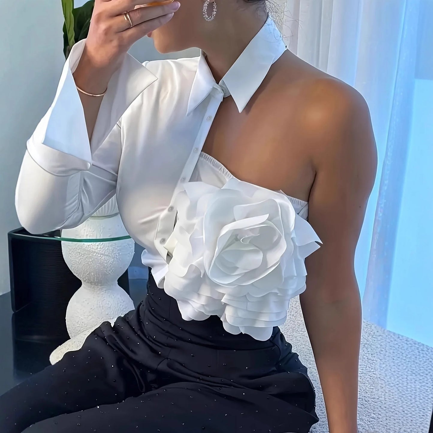 Floral Long Sleeve Lapel Collar Blouse