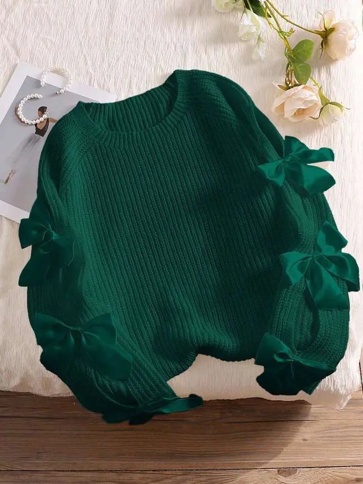 Women Designer Round Neck Long Sleeve Knitted Bow Tie Sweater