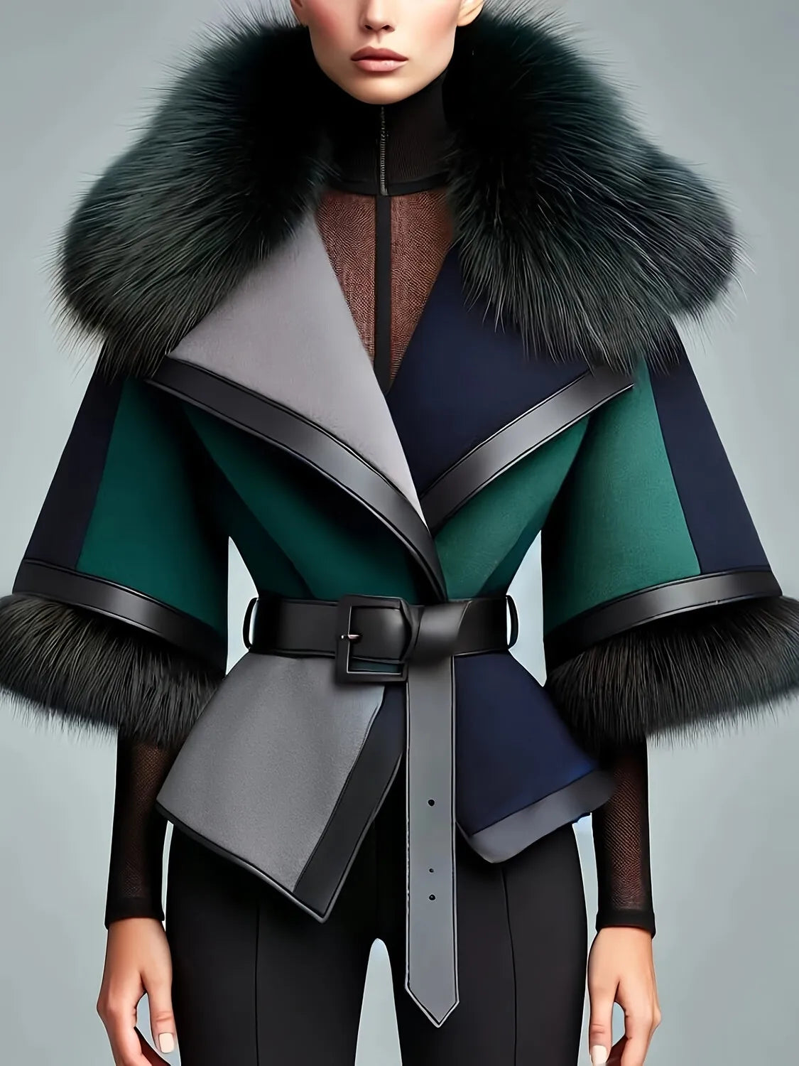 Elegant Women Faux Fur Collar ColorBlock Patchwork Cinched Waist Coat w/ Belt