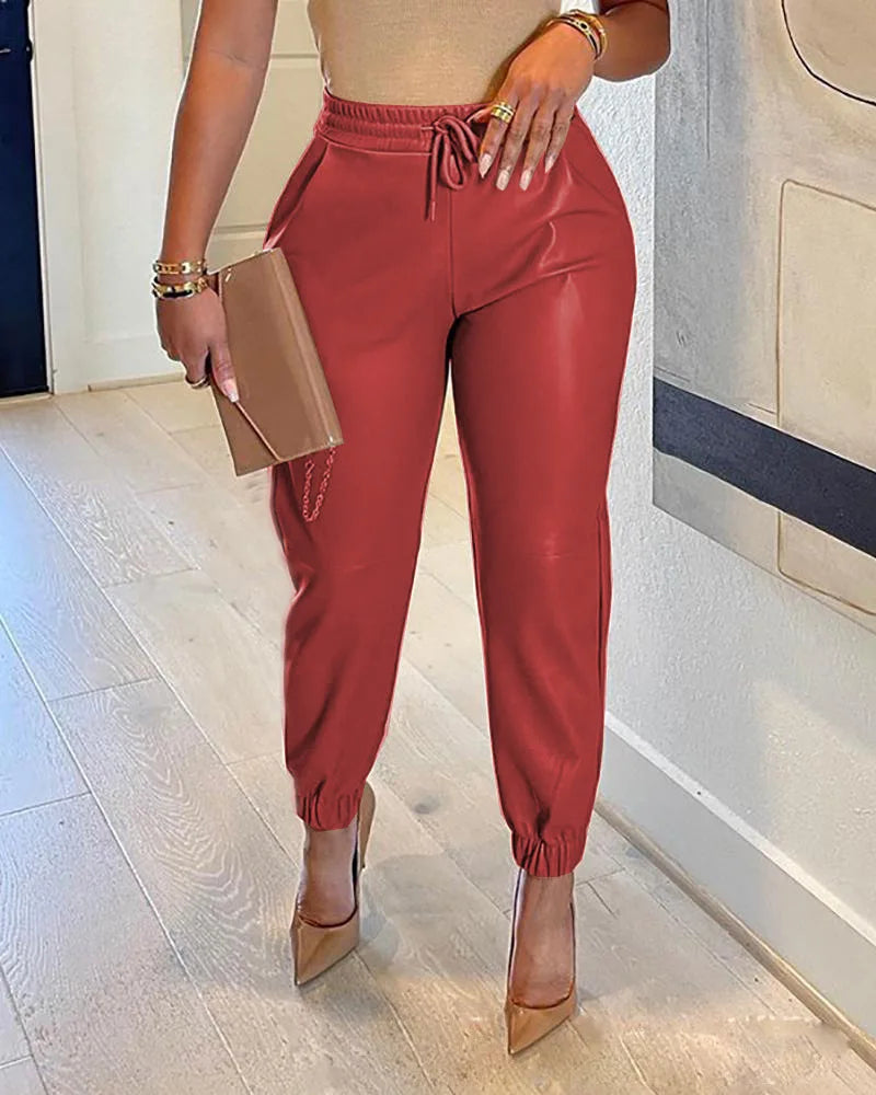 Women's Faux Leather Elastic Waist Vintage Casual Loose Fit Trousers