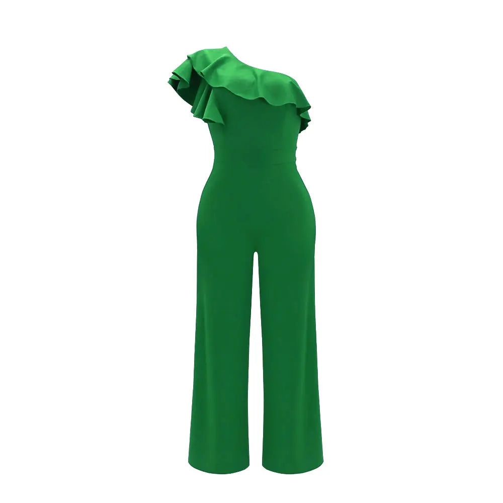 Ruffle One Shoulder Elegant Solid Color Jumpsuit
