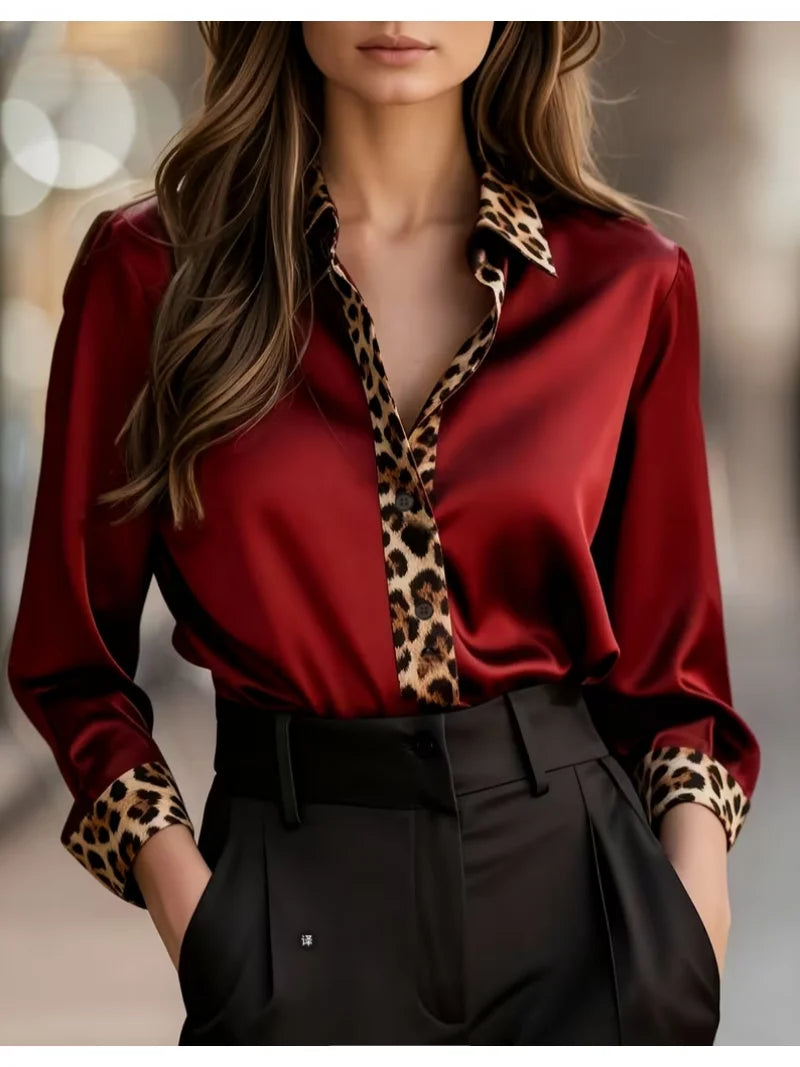 Elegant Long Sleeve Button Down Leopard Print Collar Loose Fit Blouse 