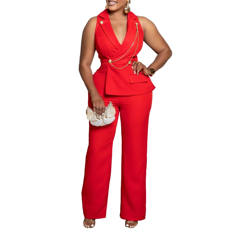 Women Elegant Blazer Sleeveless V-Neck Straight Pant Romper