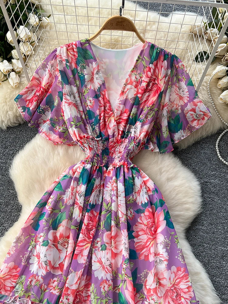 French Style Floral Retro V-neck Ruffle Sleeve High Waisted Chiffon Dress