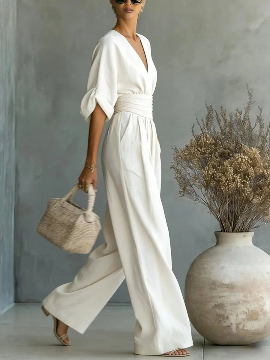 Women's High Waist V-neck Solid Color Wide Leg Jumpsuit