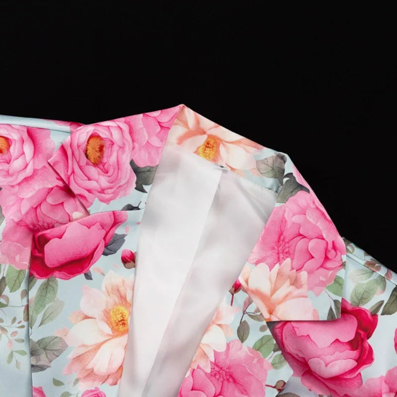 Floral Print Elegant Long Sleeve Lapel Button Crop Top Bodycon Mini Skirt Two Piece Set
