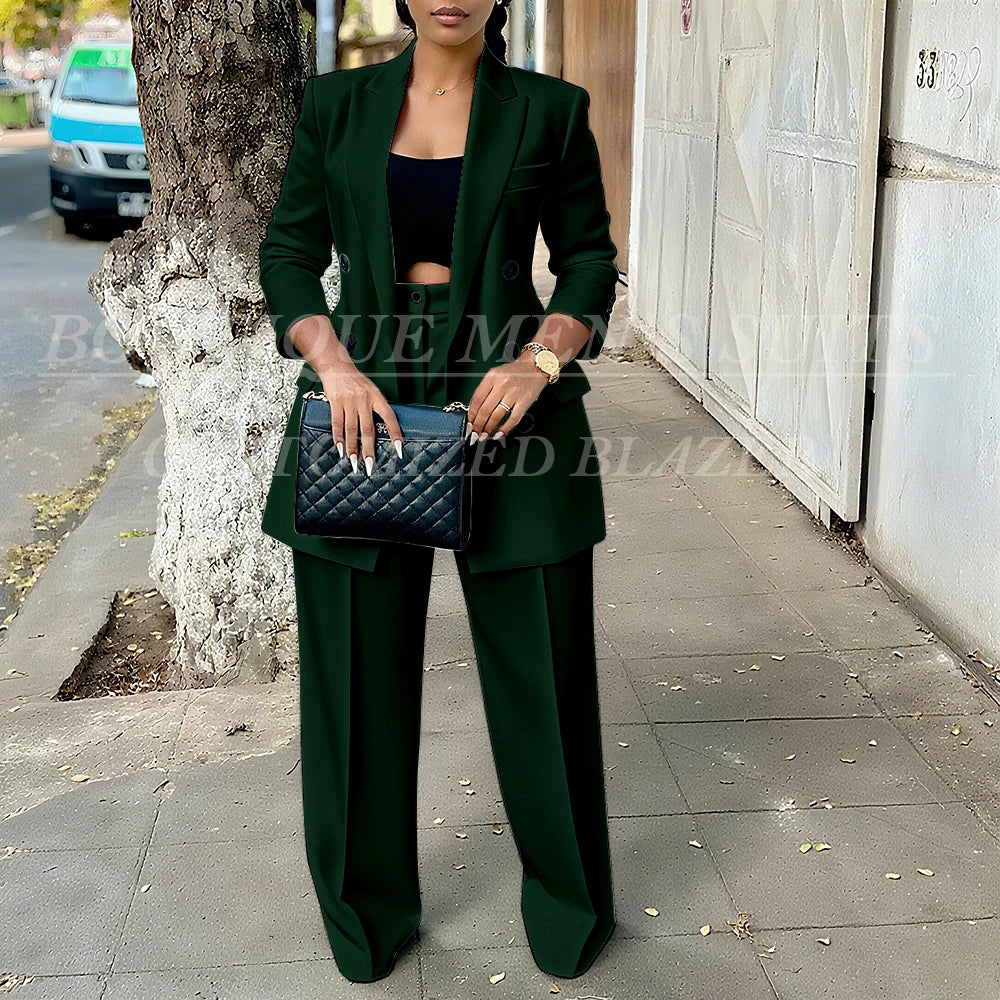 Elegant Women's Double Breasted Peak Lapel Blazer and Pleated Trouser Pants 2pc Suit