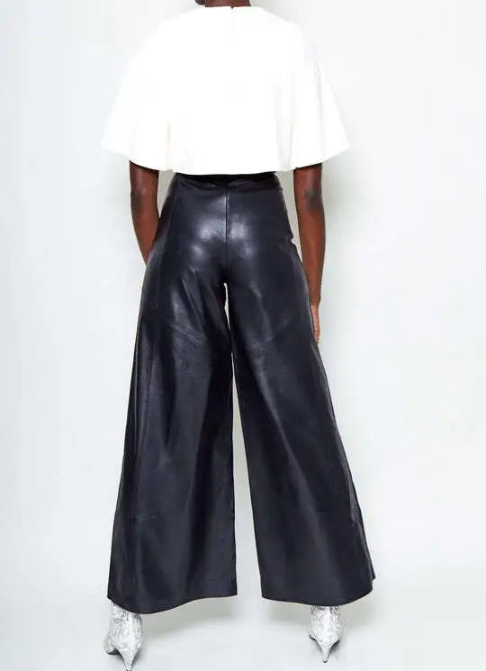 Women Faux Leather High Waist Loose Wide Leg Pants