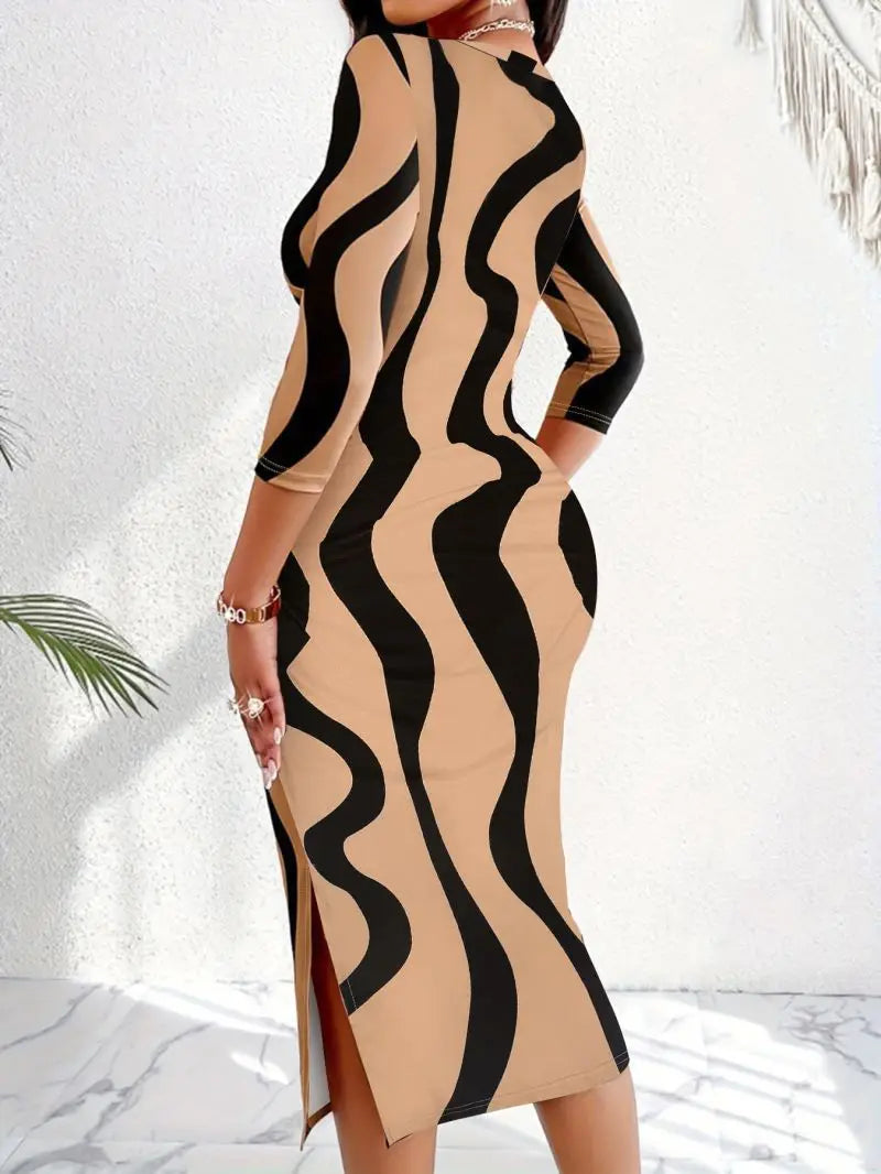 Women's Designer V-neck Slimming Waist Mid-Length Dress with Side Splits