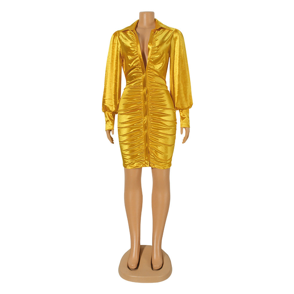 Satin Ruched Puff Sleeve Dress