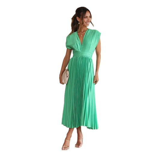 Satin Deep V-neck Pleated Dress